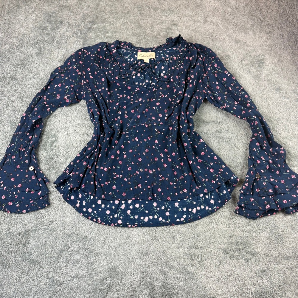 Cleobella Navy Pink Floral Ruffle Cuff Tie Neck Peasant Blouse Top Small